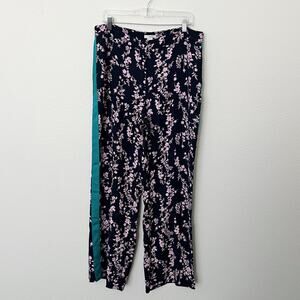 [H&M] Navy Blue Floral Print Side Stripe Wide Leg High Rise Trouser Pants Sz 16